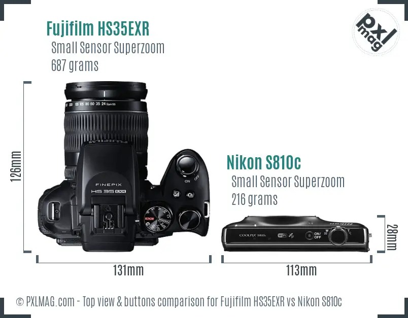 Fujifilm HS35EXR vs Nikon S810c top view buttons comparison