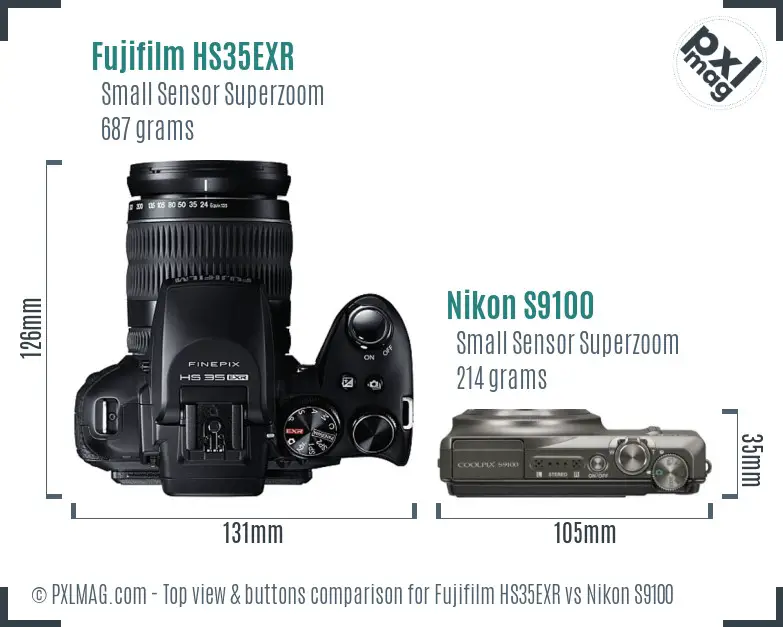 Fujifilm HS35EXR vs Nikon S9100 top view buttons comparison