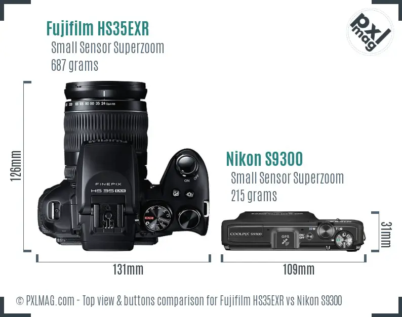 Fujifilm HS35EXR vs Nikon S9300 top view buttons comparison