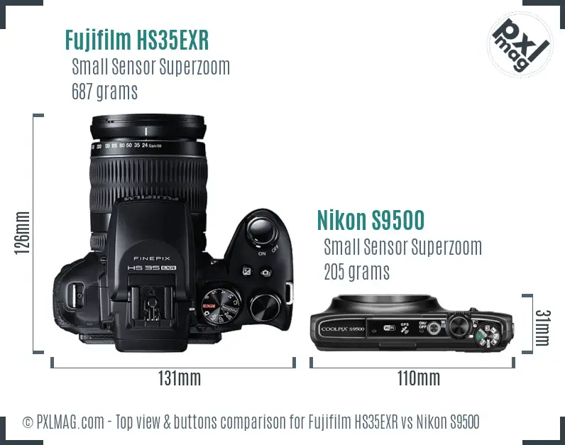 Fujifilm HS35EXR vs Nikon S9500 top view buttons comparison