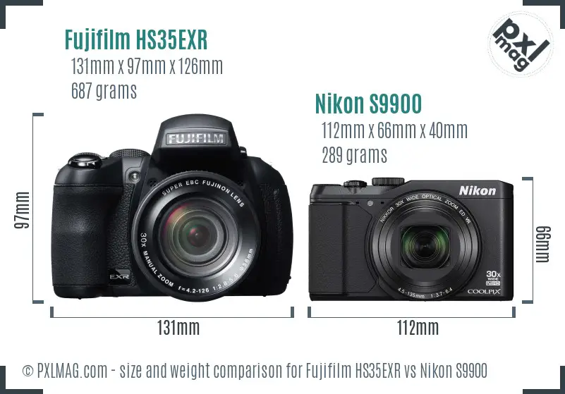 Fujifilm HS35EXR vs Nikon S9900 size comparison