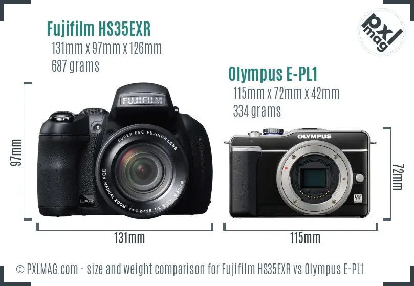 Fujifilm HS35EXR vs Olympus E-PL1 size comparison