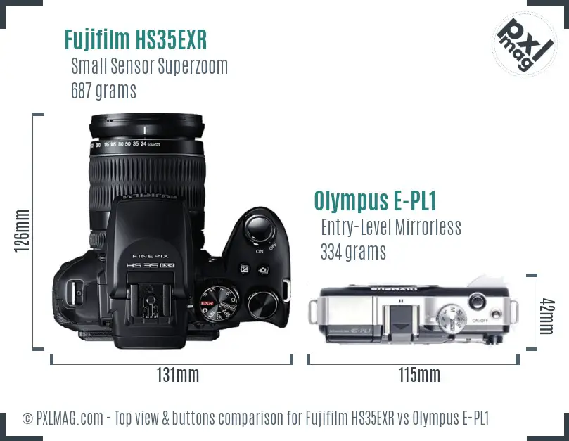 Fujifilm HS35EXR vs Olympus E-PL1 top view buttons comparison