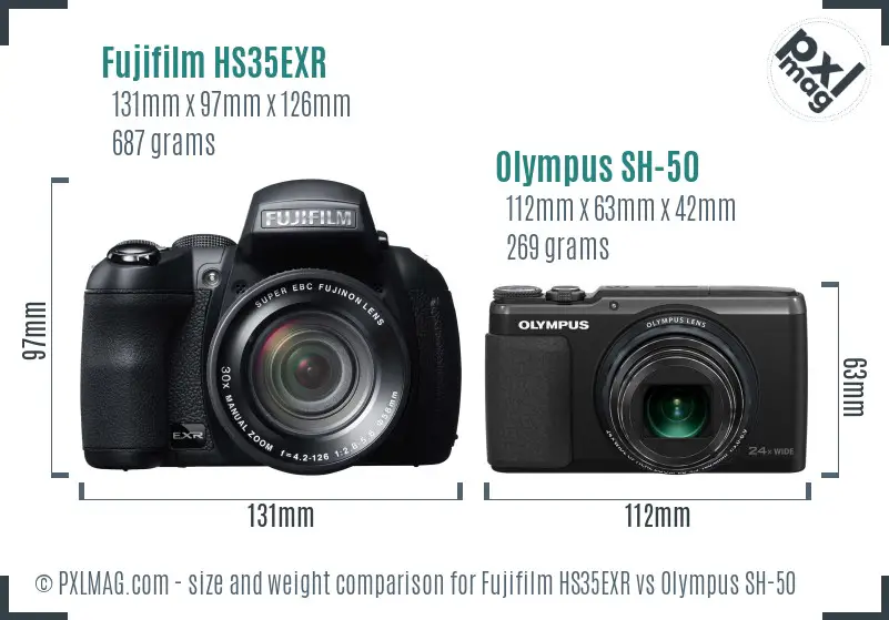 Fujifilm HS35EXR vs Olympus SH-50 size comparison