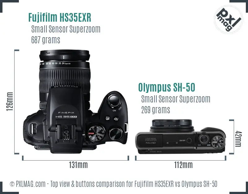 Fujifilm HS35EXR vs Olympus SH-50 top view buttons comparison