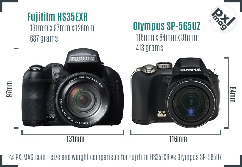 Fujifilm HS35EXR vs Olympus SP-565UZ size comparison