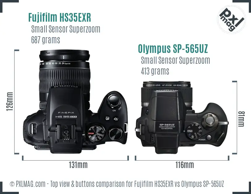 Fujifilm HS35EXR vs Olympus SP-565UZ top view buttons comparison