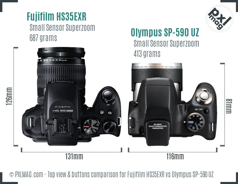 Fujifilm HS35EXR vs Olympus SP-590 UZ top view buttons comparison