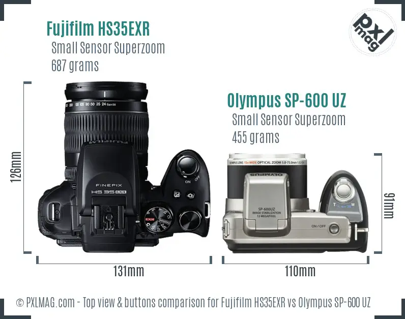 Fujifilm HS35EXR vs Olympus SP-600 UZ top view buttons comparison