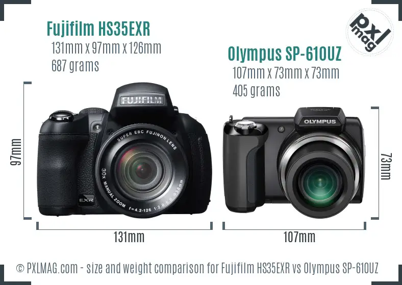 Fujifilm HS35EXR vs Olympus SP-610UZ size comparison