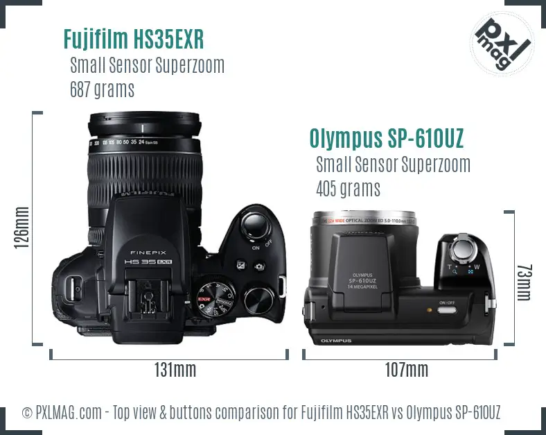 Fujifilm HS35EXR vs Olympus SP-610UZ top view buttons comparison