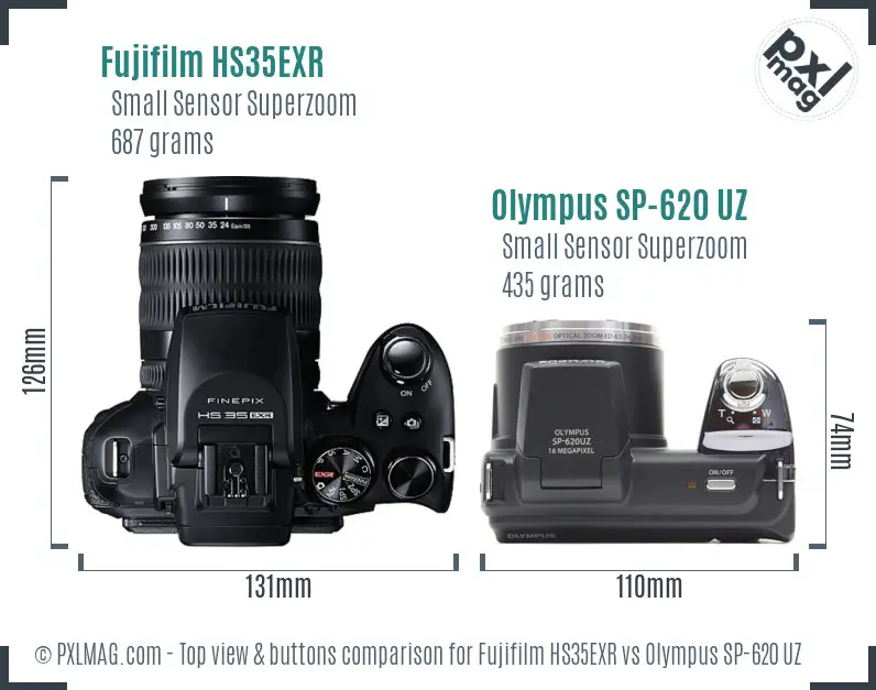 Fujifilm HS35EXR vs Olympus SP-620 UZ top view buttons comparison