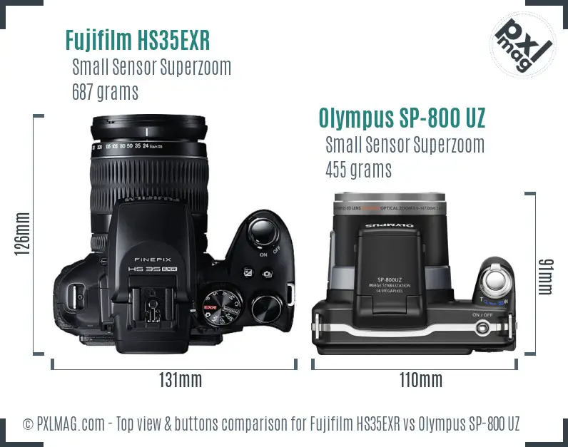 Fujifilm HS35EXR vs Olympus SP-800 UZ top view buttons comparison