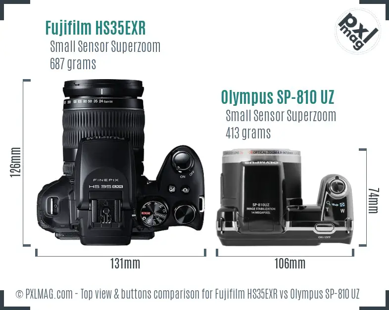 Fujifilm HS35EXR vs Olympus SP-810 UZ top view buttons comparison