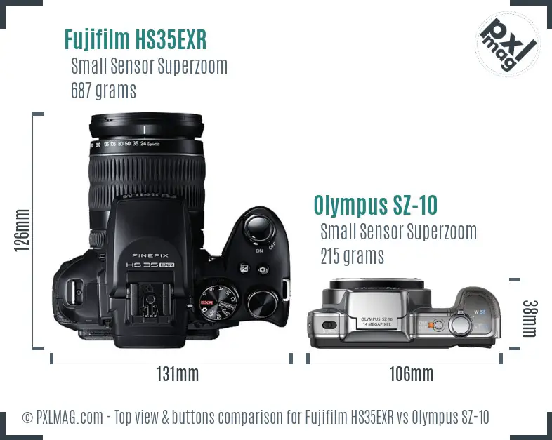 Fujifilm HS35EXR vs Olympus SZ-10 top view buttons comparison