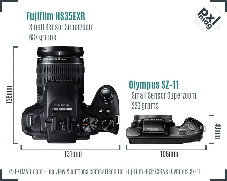 Fujifilm HS35EXR vs Olympus SZ-11 top view buttons comparison