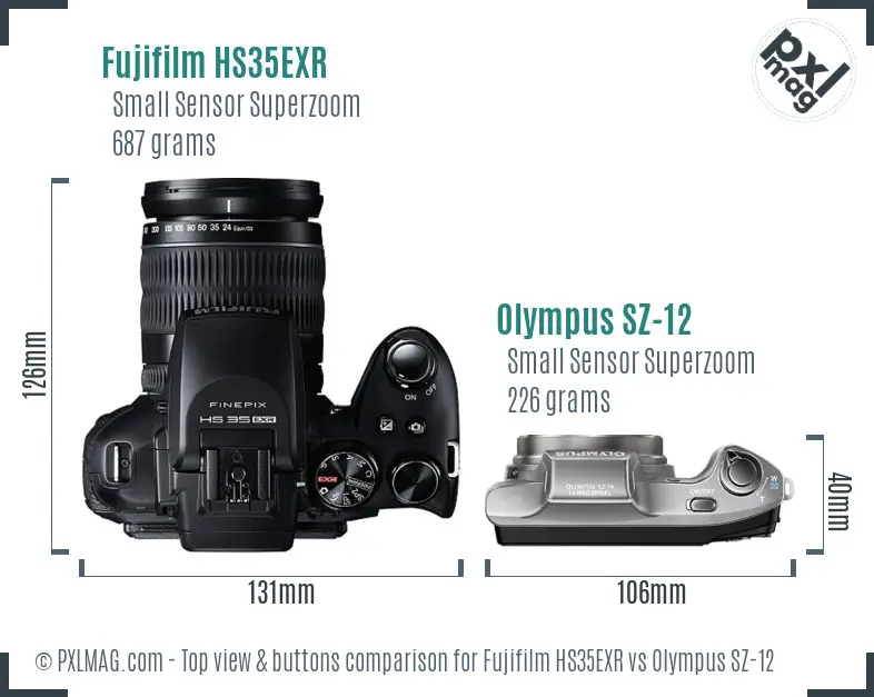 Fujifilm HS35EXR vs Olympus SZ-12 top view buttons comparison