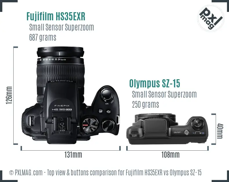 Fujifilm HS35EXR vs Olympus SZ-15 top view buttons comparison