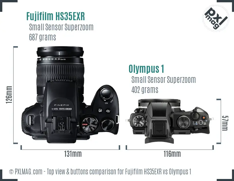 Fujifilm HS35EXR vs Olympus 1 top view buttons comparison