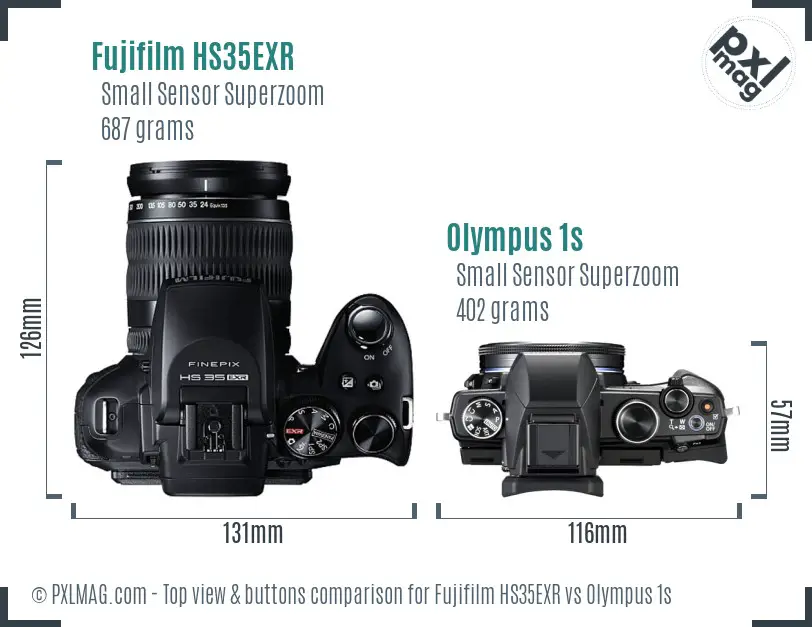 Fujifilm HS35EXR vs Olympus 1s top view buttons comparison