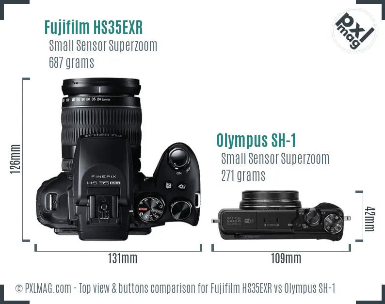 Fujifilm HS35EXR vs Olympus SH-1 top view buttons comparison
