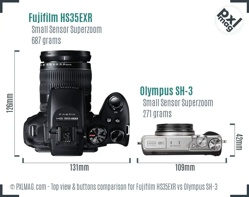 Fujifilm HS35EXR vs Olympus SH-3 top view buttons comparison
