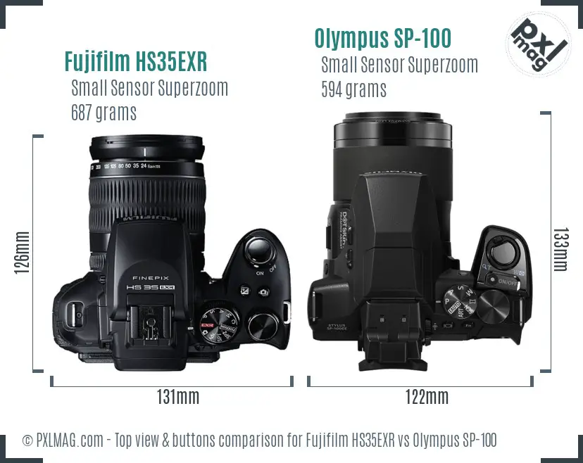 Fujifilm HS35EXR vs Olympus SP-100 top view buttons comparison