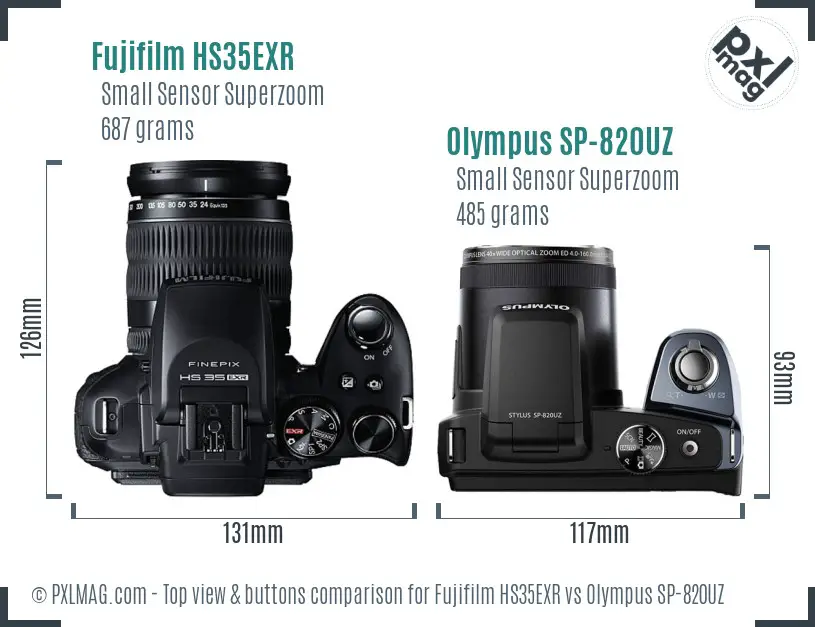 Fujifilm HS35EXR vs Olympus SP-820UZ top view buttons comparison