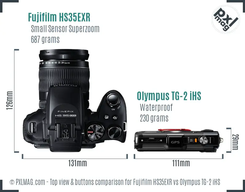 Fujifilm HS35EXR vs Olympus TG-2 iHS top view buttons comparison