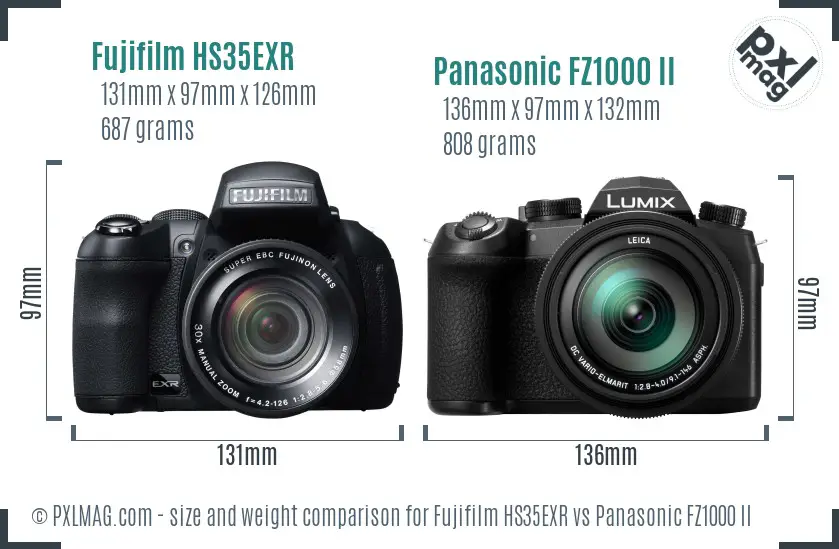 Fujifilm HS35EXR vs Panasonic FZ1000 II size comparison