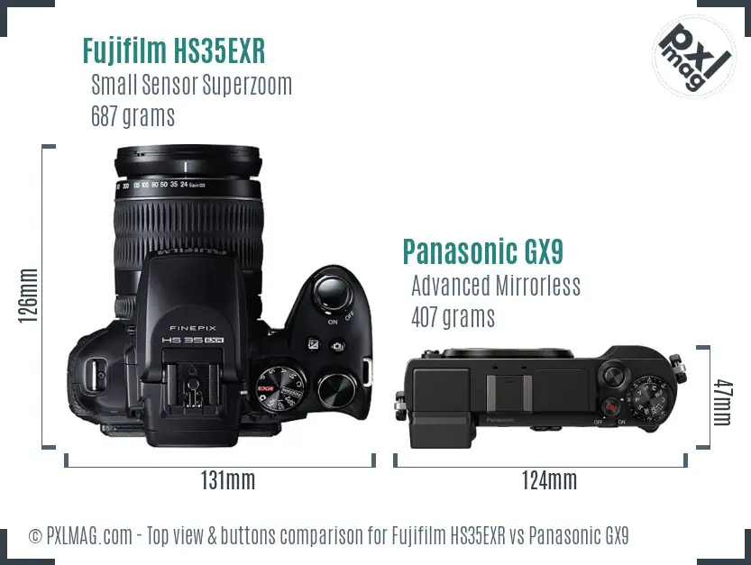 Fujifilm HS35EXR vs Panasonic GX9 top view buttons comparison