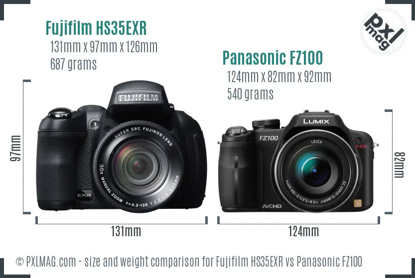 Fujifilm HS35EXR vs Panasonic FZ100 size comparison