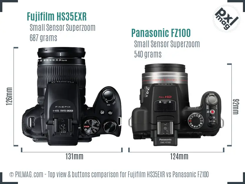 Fujifilm HS35EXR vs Panasonic FZ100 top view buttons comparison