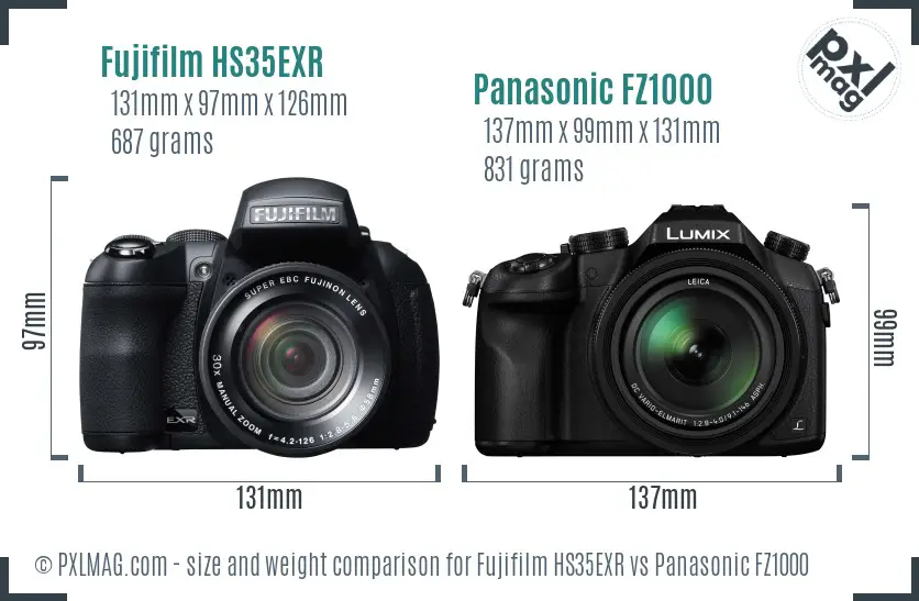 Fujifilm HS35EXR vs Panasonic FZ1000 size comparison