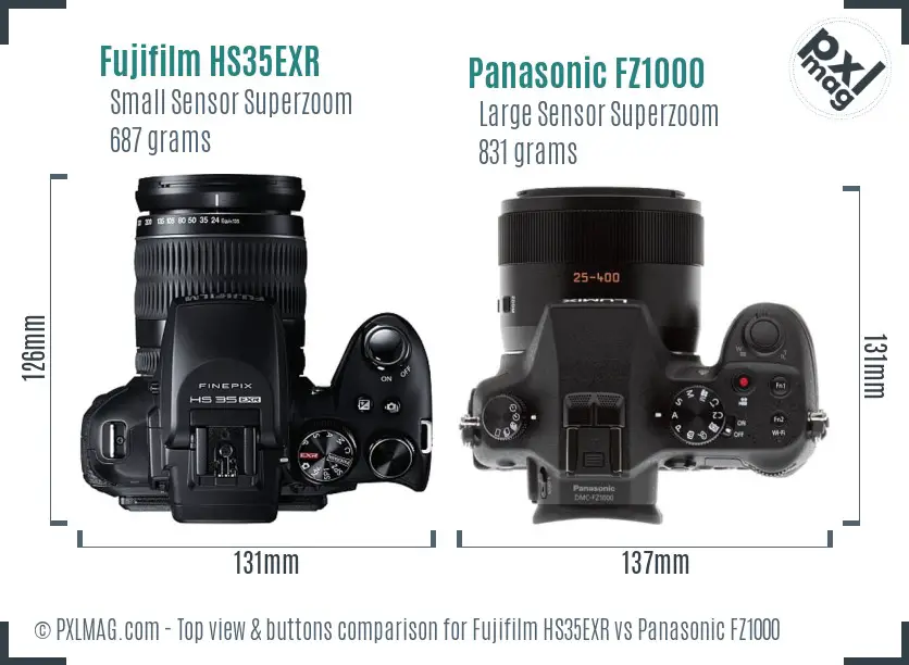 Fujifilm HS35EXR vs Panasonic FZ1000 top view buttons comparison