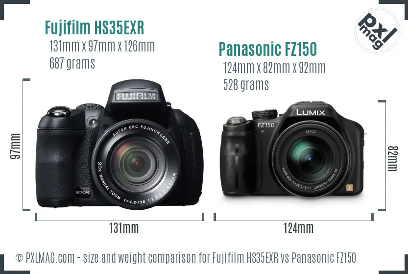 Fujifilm HS35EXR vs Panasonic FZ150 size comparison