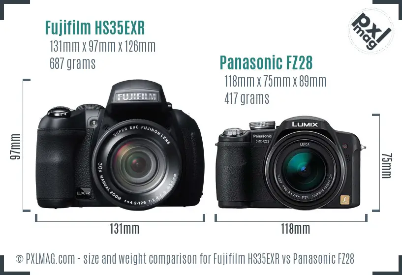 Fujifilm HS35EXR vs Panasonic FZ28 size comparison