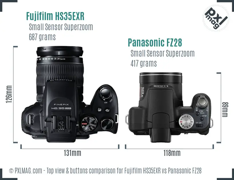 Fujifilm HS35EXR vs Panasonic FZ28 top view buttons comparison