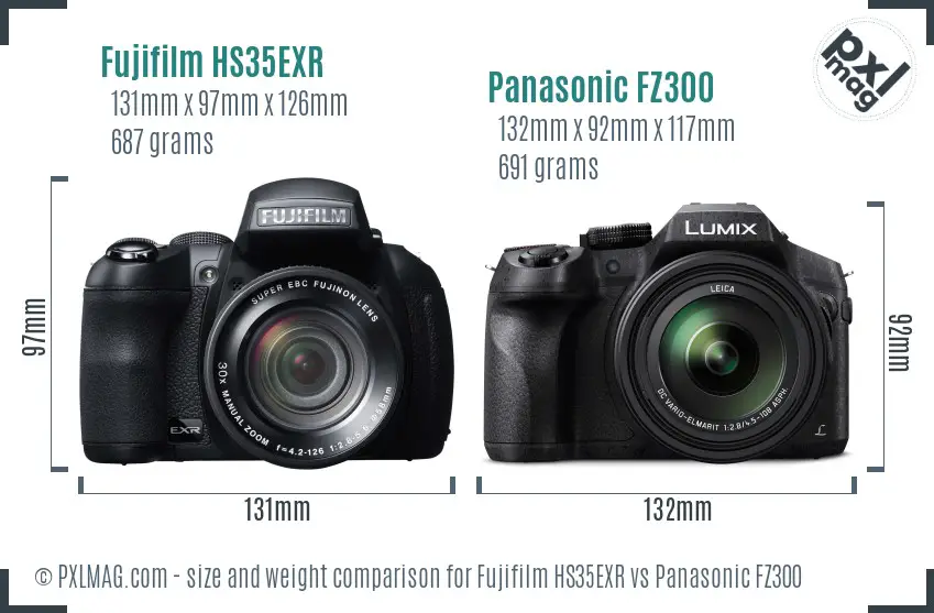 Fujifilm HS35EXR vs Panasonic FZ300 size comparison