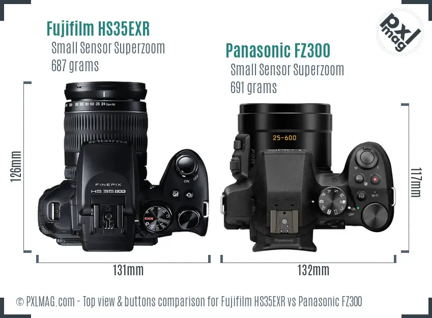 Fujifilm HS35EXR vs Panasonic FZ300 top view buttons comparison