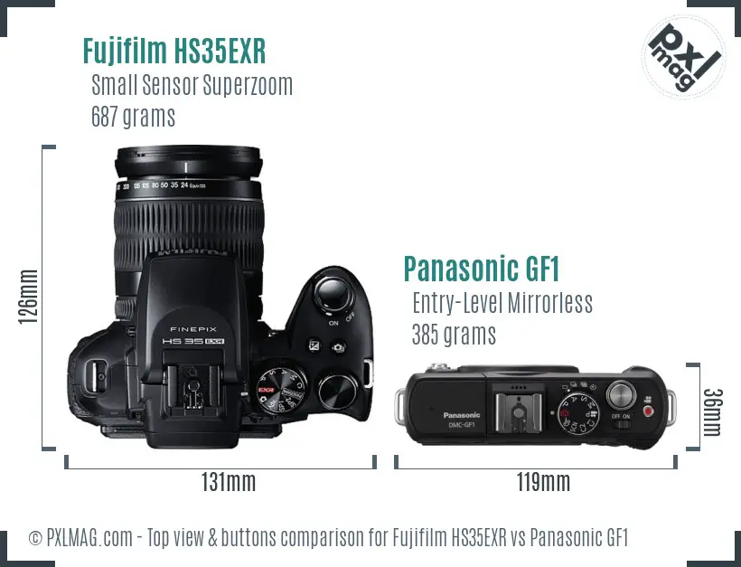Fujifilm HS35EXR vs Panasonic GF1 top view buttons comparison