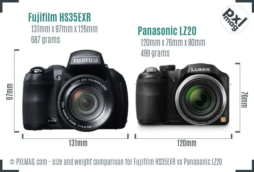 Fujifilm HS35EXR vs Panasonic LZ20 size comparison