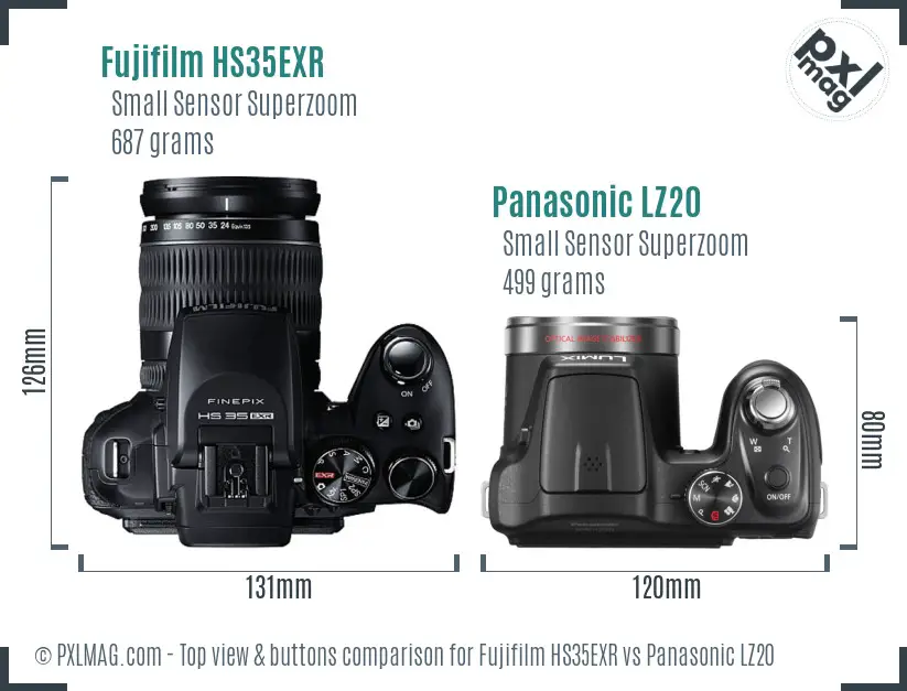 Fujifilm HS35EXR vs Panasonic LZ20 top view buttons comparison