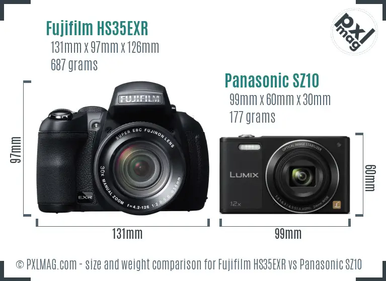 Fujifilm HS35EXR vs Panasonic SZ10 size comparison