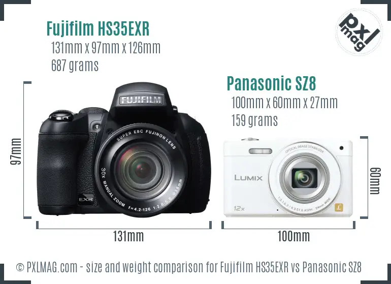 Fujifilm HS35EXR vs Panasonic SZ8 size comparison