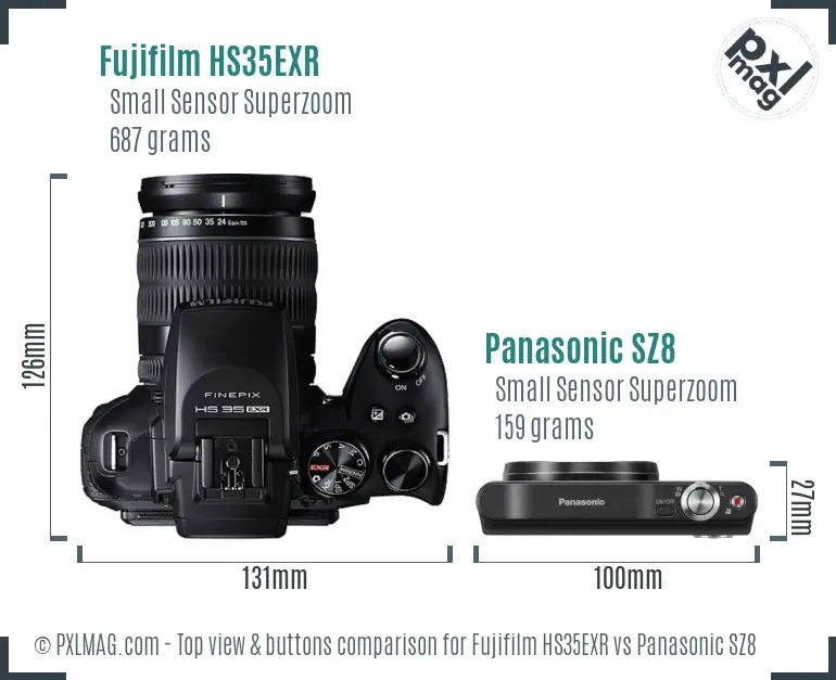 Fujifilm HS35EXR vs Panasonic SZ8 top view buttons comparison