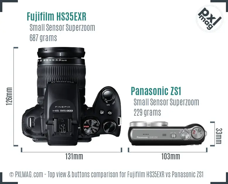 Fujifilm HS35EXR vs Panasonic ZS1 top view buttons comparison