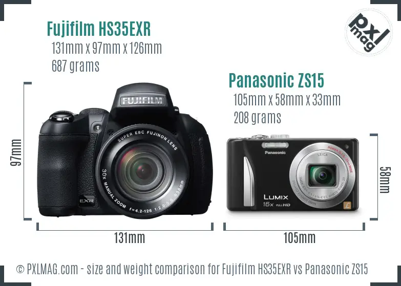 Fujifilm HS35EXR vs Panasonic ZS15 size comparison