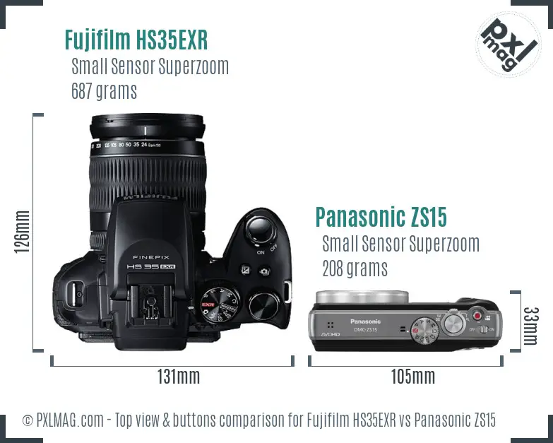 Fujifilm HS35EXR vs Panasonic ZS15 top view buttons comparison