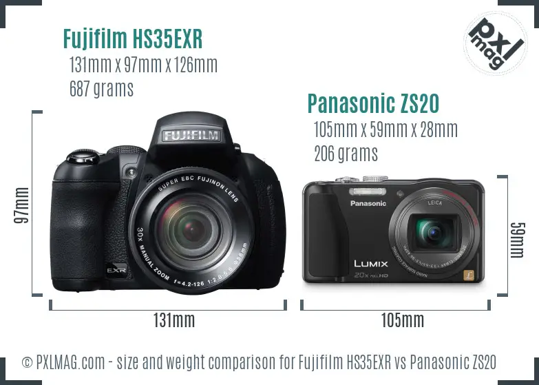 Fujifilm HS35EXR vs Panasonic ZS20 size comparison